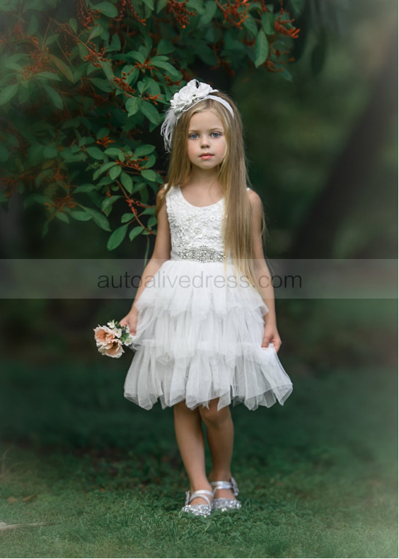 Ivory Lace Tulle Tiered Tutu Flower Girl Dress With Rhinestone Sash